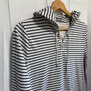 NAUTICA XL Long Sleeve V-Neck Navy Blue & Beige StripedBeach Dress Cover Up Hood